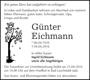 Traueranzeige von Günter Eichmann von WVG - Wochenspiegel Merseburg