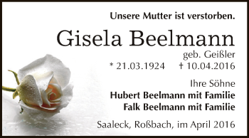 Traueranzeige von Gisela Beelmann von WVG - Wochenspiegel NMB / WSF / ZTZ