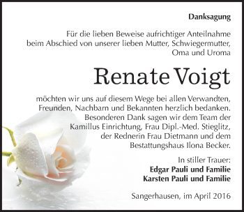 Traueranzeige von Renate Voigt von Mitteldeutsche Zeitung Sangerhausen