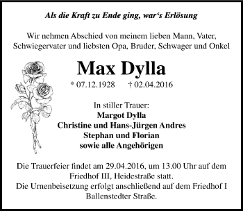 Traueranzeige von Max Dylla von Mitteldeutsche Zeitung Dessau-Roßlau