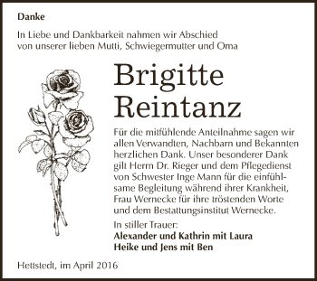 Traueranzeige von Brigitte Reintanz von Wochenspiegel Mansfelder Land