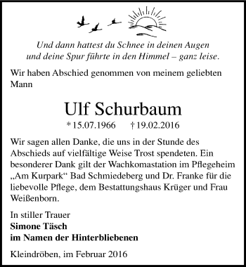 Traueranzeige von Ulf Schurbaum von Mitteldeutsche Zeitung Wittenberg