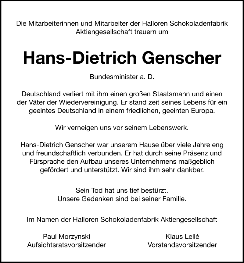  Traueranzeige für Hans-Dietrich Genscher vom 09.04.2016 aus Mitteldeutsche Zeitung Halle/Saalkreis