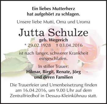 Traueranzeige von Jutta Schulze von Mitteldeutsche Zeitung Dessau-Roßlau