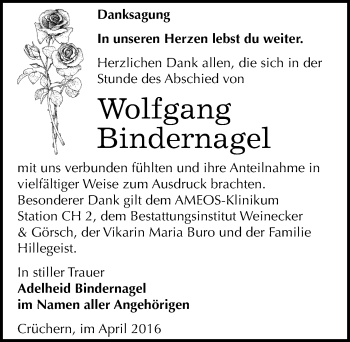 Traueranzeige von Wolfgang Bindernagel von Mitteldeutsche Zeitung Bernburg