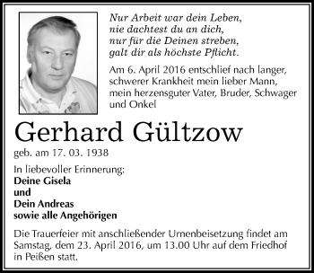 Traueranzeige von Gerhard Gültzow von Mitteldeutsche Zeitung Halle/Saalkreis