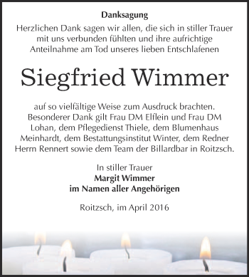 Traueranzeige von Siegfried Wimmer von WVG - Wochenspiegel Bitterfeld