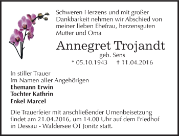 Traueranzeige von Annegret Trojandt von Mitteldeutsche Zeitung Dessau-Roßlau