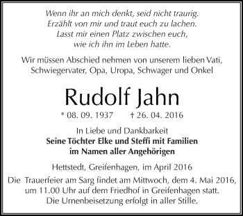 Traueranzeige von Rudolf Jahn von Super Sonntag SGH Mansf. Land