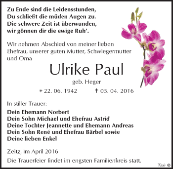 Traueranzeige von Ulrike Paul von Mitteldeutsche Zeitung Zeitz