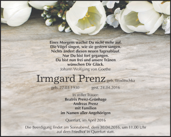 Traueranzeige von Irmgard Prenz von WVG - Wochenspiegel NMB / WSF / ZTZ