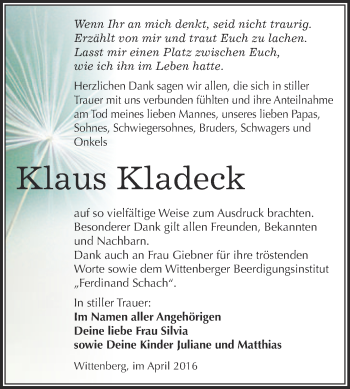 Traueranzeige von Klaus Kladeck von WVG - Wochenspiegel Wittenberg