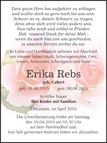 Traueranzeige von Erika Rebs von WVG - Wochenspiegel Merseburg