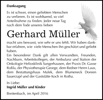 Traueranzeige von Gerhard Müller von Mitteldeutsche Zeitung Sangerhausen