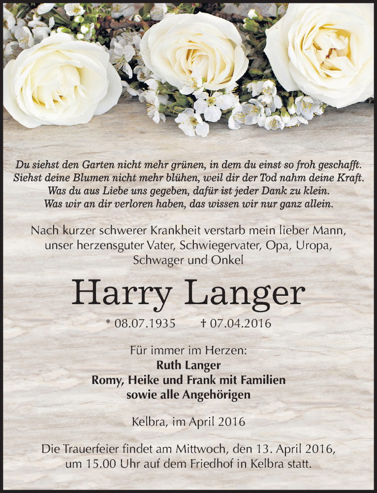  Traueranzeige für Harry Langer vom 09.04.2016 aus Mitteldeutsche Zeitung Sangerhausen