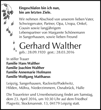 Traueranzeige von Gerhard Walther von Mitteldeutsche Zeitung Sangerhausen