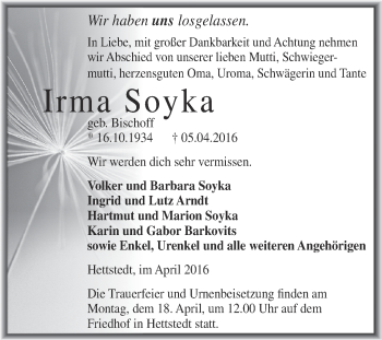 Traueranzeige von Irma Soyka von Wochenspiegel Mansfelder Land