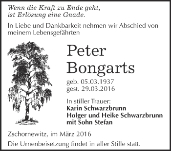 Traueranzeige von Peter Bongarts von WVG - Wochenspiegel Wittenberg