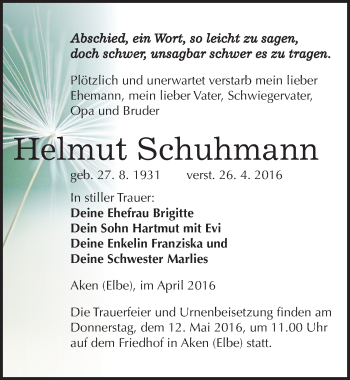 Traueranzeige von Helmut Schuhmann von Mitteldeutsche Zeitung Köthen