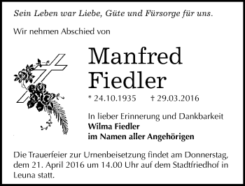 Traueranzeige von Manfred Fiedler von Mitteldeutsche Zeitung