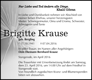 Traueranzeige von Brigitte Krause von Mitteldeutsche Zeitung Mansfelder Land