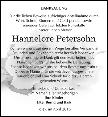 Traueranzeige von Hannelore Petersohn von Mitteldeutsche Zeitung Bernburg