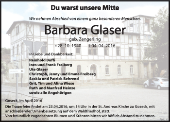 Traueranzeige von Barbara Glaser von Mitteldeutsche Zeitung Weißenfels