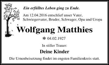 Traueranzeige von Wolfgang Matthies von Mitteldeutsche Zeitung Dessau-Roßlau