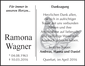 Traueranzeige von Ramona Wagner von Super Sonntag Merseburg