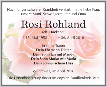 Traueranzeige von Rosi Rohland von Mitteldeutsche Zeitung Zeitz