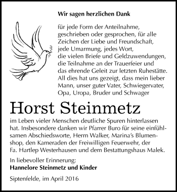 Traueranzeige von Horst Steinmetz von Mitteldeutsche Zeitung Quedlinburg