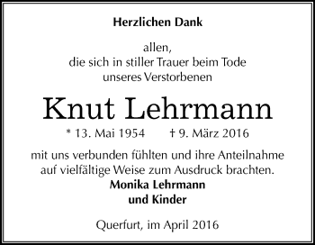 Traueranzeige von Knut Lehrmann von WVG - Wochenspiegel Merseburg
