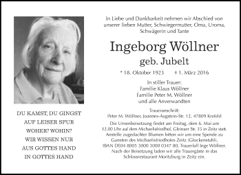 Traueranzeige von Ingeborg Wöllner von Super Sonntag Zeitz