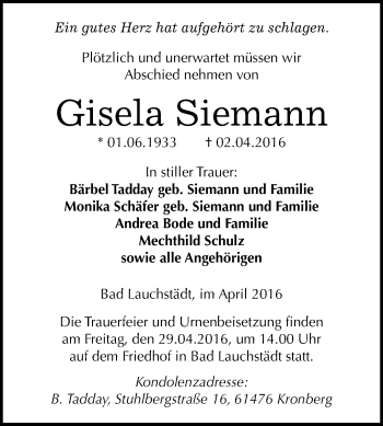 Traueranzeige von Gisela Siemann von WVG - Wochenspiegel Merseburg
