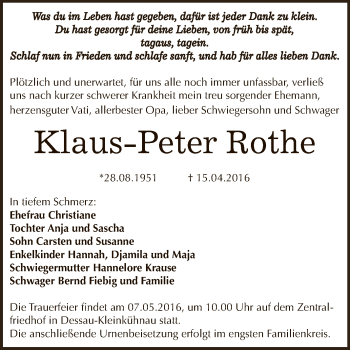 Traueranzeige von Klaus-Peter Rothe von WVG - Wochenspiegel Dessau / Köthen