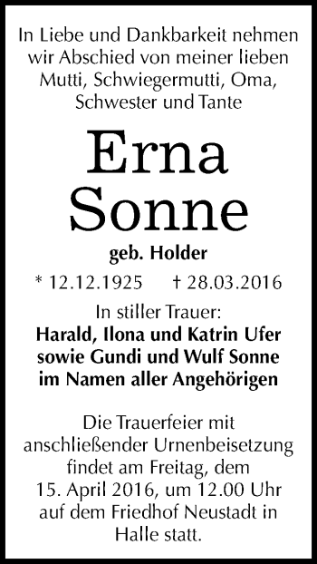 Traueranzeige von Erna Sonne von Mitteldeutsche Zeitung Halle/Saalkreis
