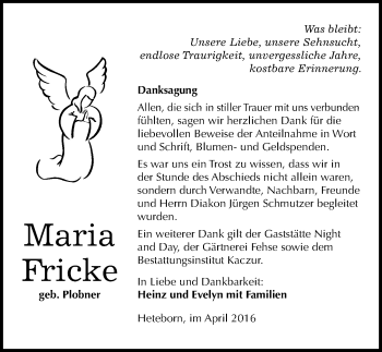 Traueranzeige von Maria Fricke von Mitteldeutsche Zeitung Quedlinburg