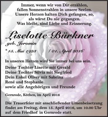 Traueranzeige von Liselotte Bürkner von Mitteldeutsche Zeitung Quedlinburg