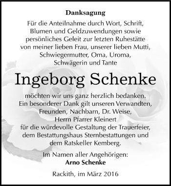 Traueranzeige von Ingeborg Schenke von Mitteldeutsche Zeitung Wittenberg