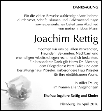 Traueranzeige von Joachim Rettig von Mitteldeutsche Zeitung Bernburg