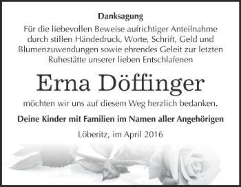 Traueranzeige von Erna Döffinger von WVG - Wochenspiegel Bitterfeld