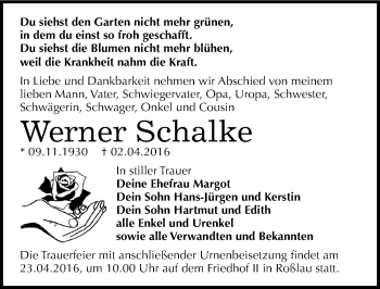 Traueranzeige von Werner Schalke von Mitteldeutsche Zeitung Dessau-Roßlau