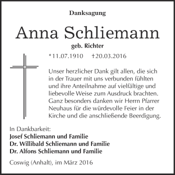 Traueranzeige von Anna Schliemann von Super Sonntag Wittenberg