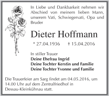 Traueranzeige von Dieter Hoffmann von WVG - Wochenspiegel Dessau / Köthen