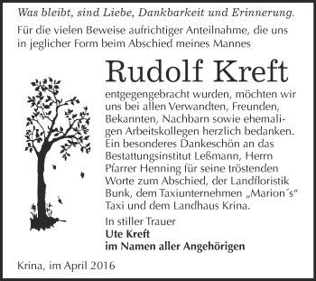 Traueranzeige von Rudolf Kreft von WVG - Wochenspiegel Wittenberg