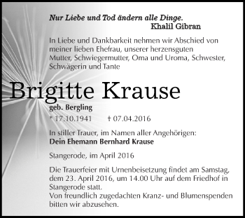 Traueranzeige von Brigitte Krause von Super Sonntag SGH Mansf. Land