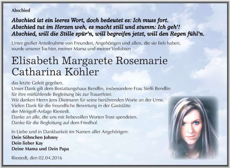  Traueranzeige für Elisabeth Margarete Rosemarie Catharina Köhler vom 09.04.2016 aus Super Sonntag SGH Mansf. Land