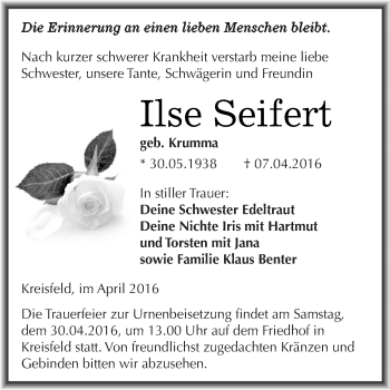 Traueranzeige von Ilse Seifert von Wochenspiegel Mansfelder Land