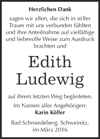 Traueranzeige von Edith Ludewig von WVG - Wochenspiegel Wittenberg