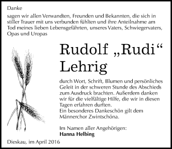 Traueranzeige von Rudolf Lehrig von Mitteldeutsche Zeitung Halle/Saalkreis